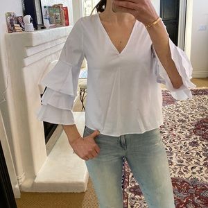 Zara V-Neck White Blouse with Ruffle Sleeves